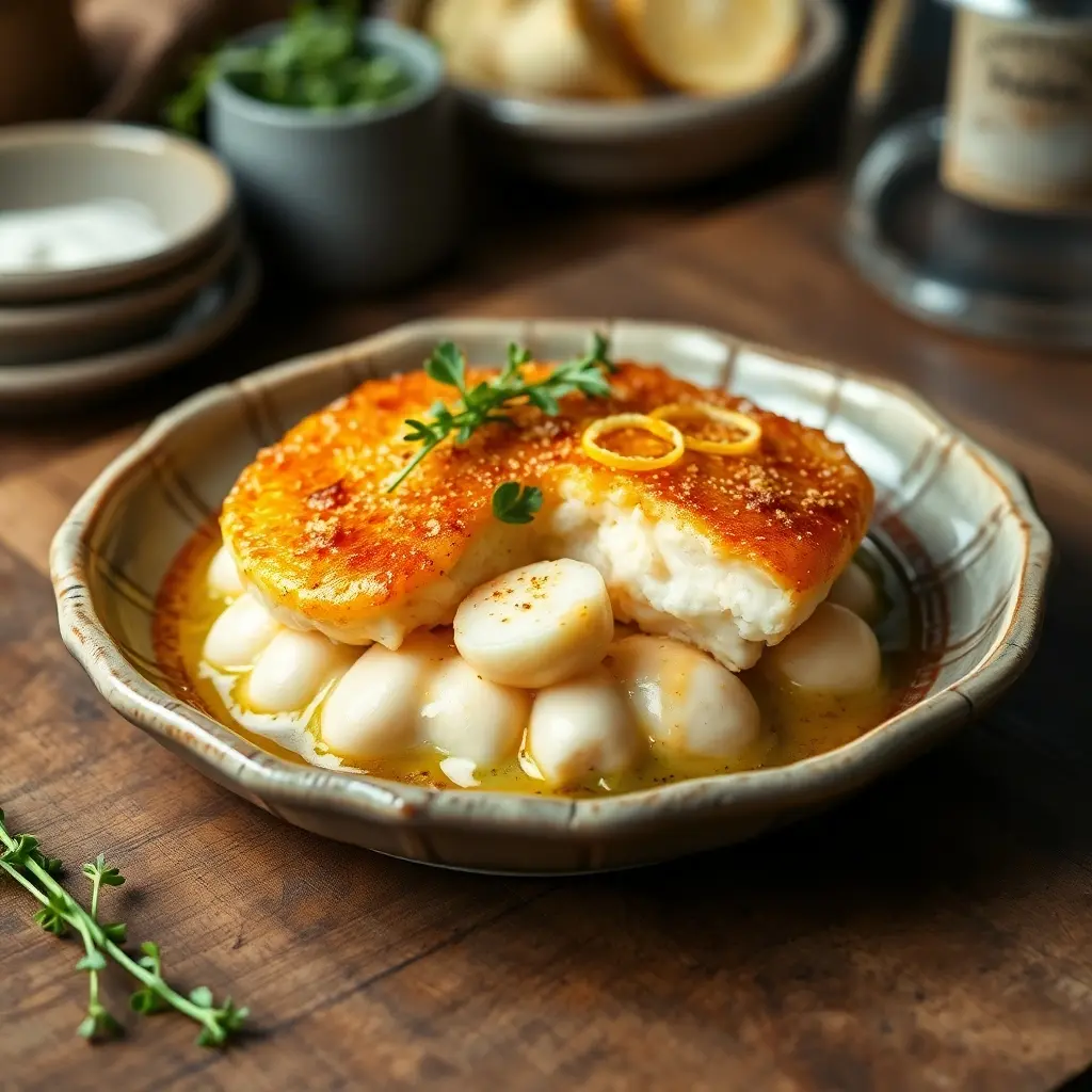 Overhead view of gourmet crab brulee on a rustic ceramic dish, topped with a caramelized sugar crust, microgreens, and lemon zest, set against a cozy kitchen background