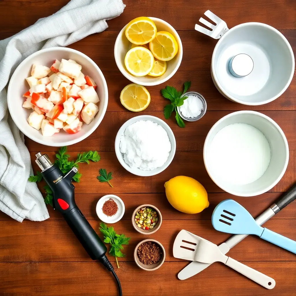 Flat lay of fresh crab meat, sugar, lemon slices, herbs, and kitchen tools for crab brulee on a rustic surface.