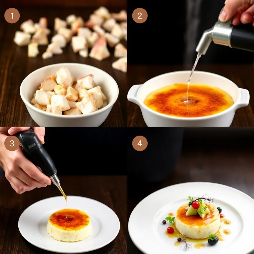 Collage of step-by-step images showing preparation, assembly, caramelization, and final presentation of crab brulee.