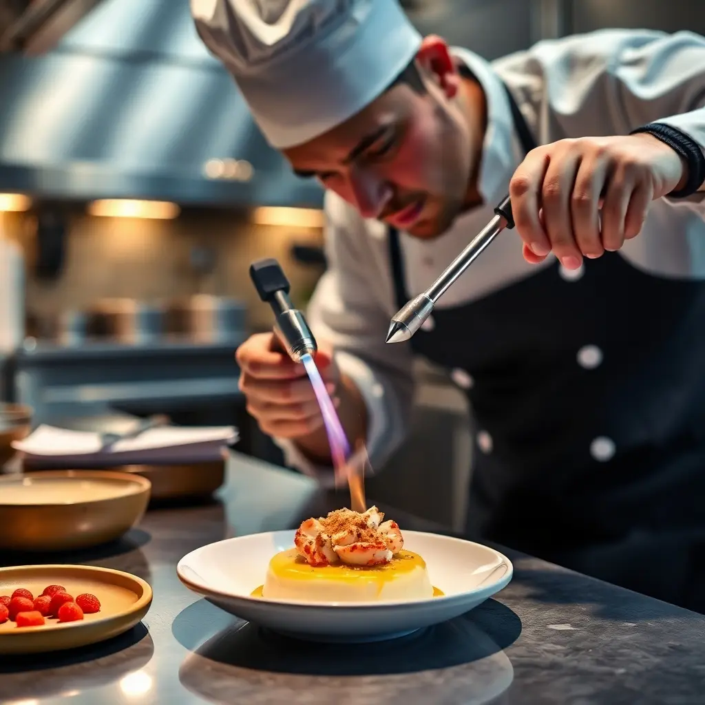 Chef using a kitchen torch on crab brulee with a notepad in a modern kitchen.