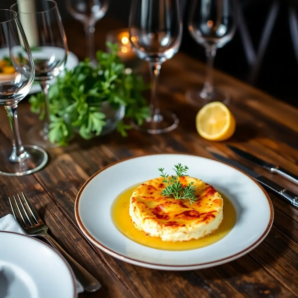 Elegant plated crab brulee garnished with microgreens and lemon zest, served with a glass of white wine on a rustic table