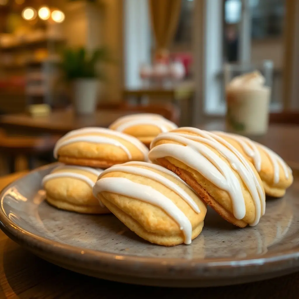 Close-up of cream-drizzled Madeleine cookies on a rustic plate with a warm, French bakery background