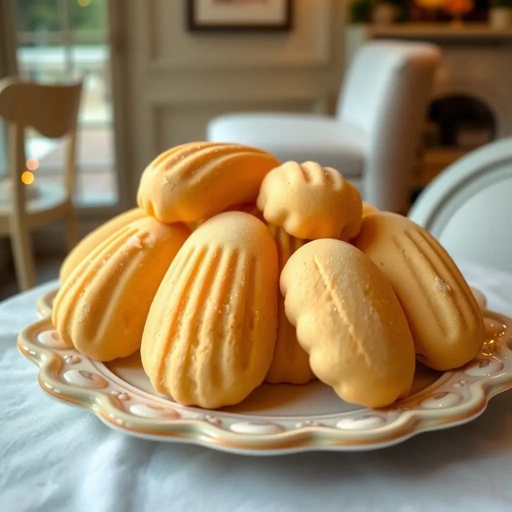 An elegant plate of cream-infused Madeleine cookies in a French patisserie setting.