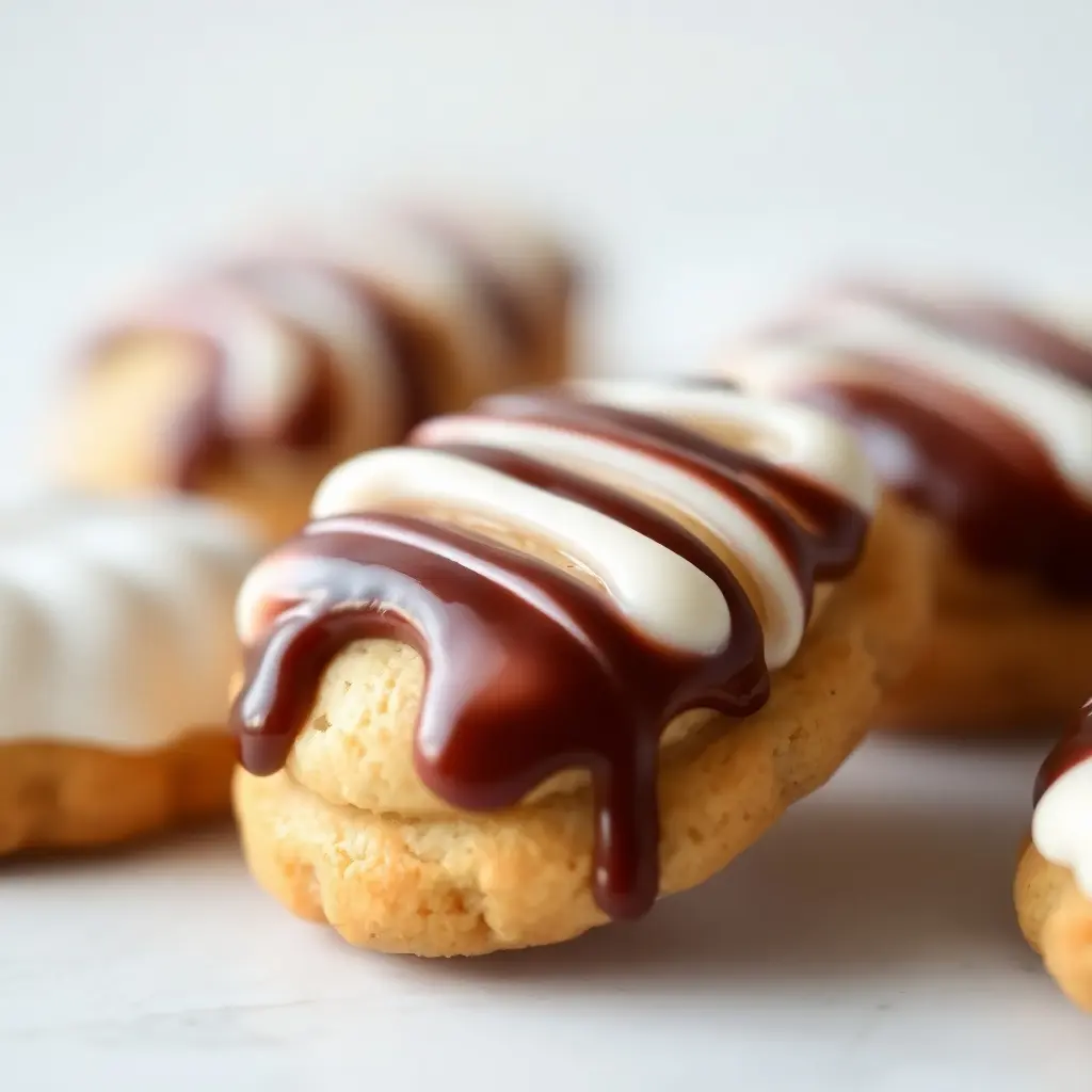 Close-up of a Madeleine cookie with a glossy cream drizzle.