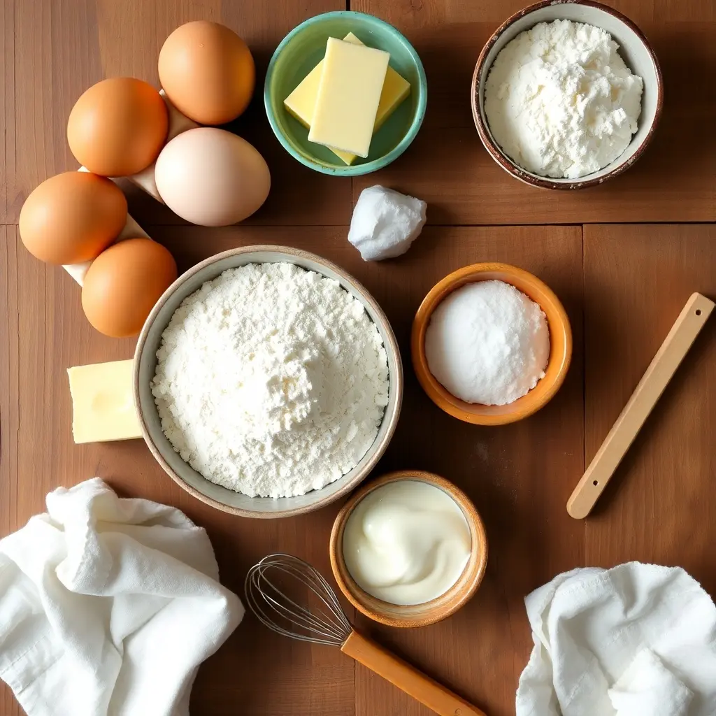 Arranged ingredients and baking tools on a rustic countertop.