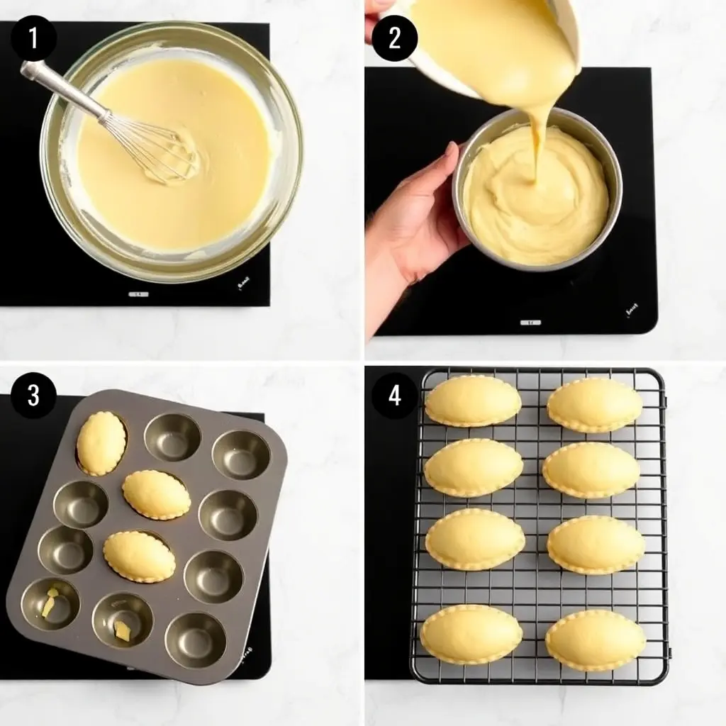 Step-by-step images of baking cream-infused Madeleine cookies.

