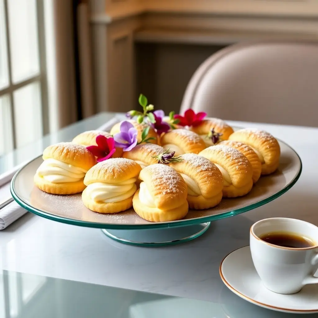 Artfully plated cream-infused Madeleines with creative garnishes and beverage pairing.

