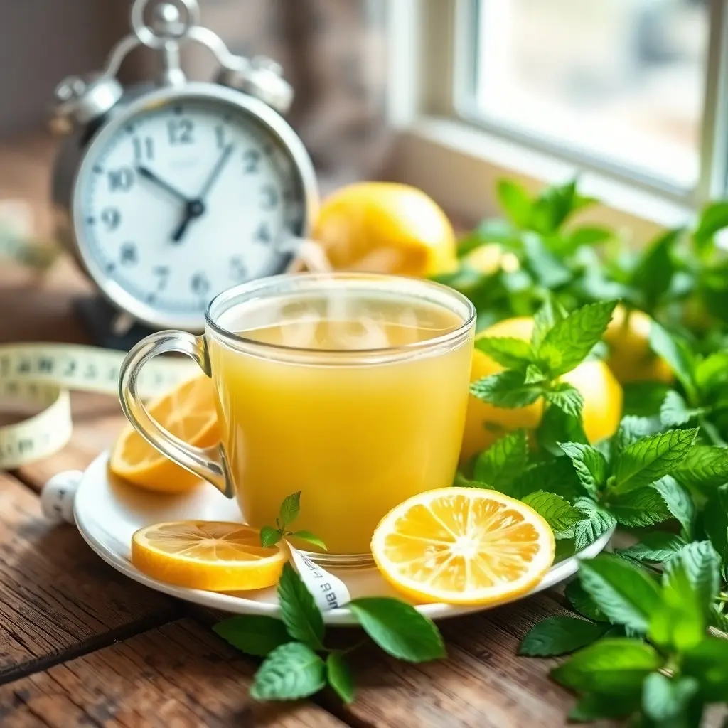 A steaming cup of lemon balm herbal tea on a rustic wooden table, surrounded by fresh lemon balm leaves, sliced lemons, a measuring tape, and a small scale under warm natural sunlight