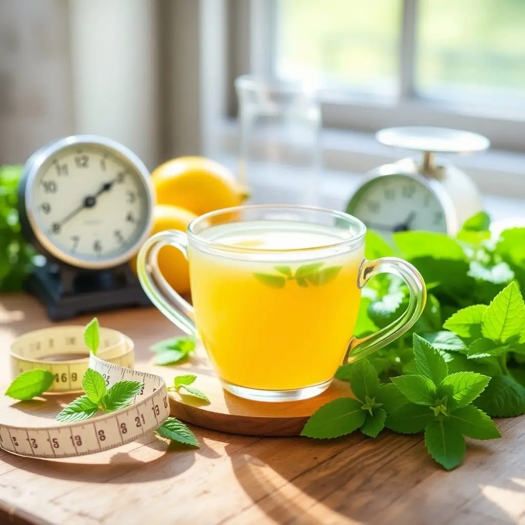 A steaming cup of lemon balm tea with fresh leaves, a measuring tape, and a small scale on a rustic table.