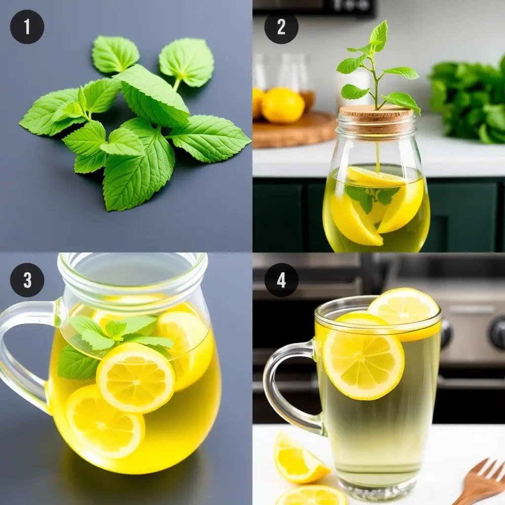 Sequential images showing fresh lemon balm, tea brewing in a glass teapot, and a finished cup with lemon garnish.