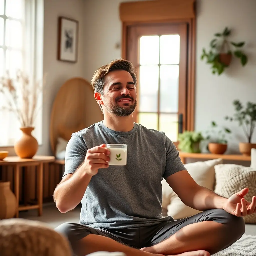 A person practicing yoga while enjoying a cup of lemon balm tea in a serene, natural setting