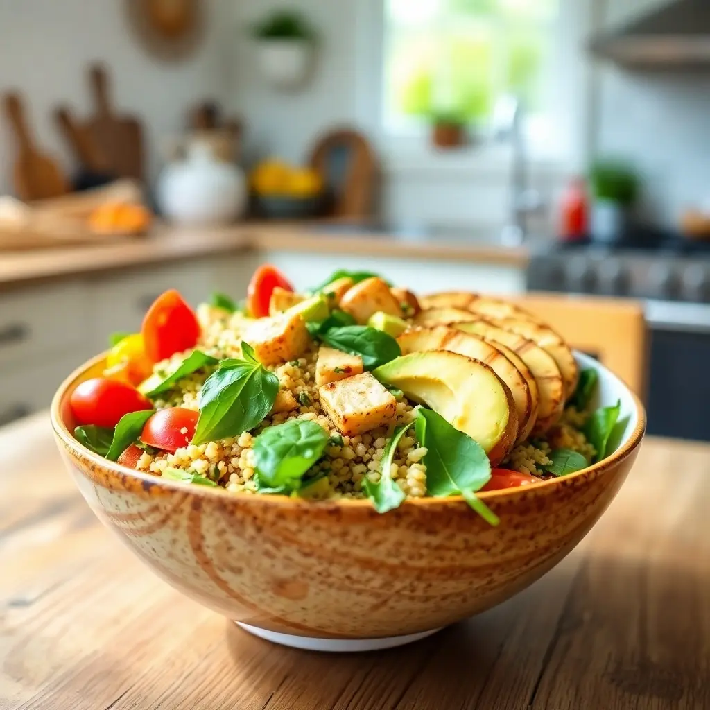 A vibrant bowl of PCOS-friendly quinoa salad with colorful vegetables and lean protein on a rustic wooden table in a sunlit kitchen.