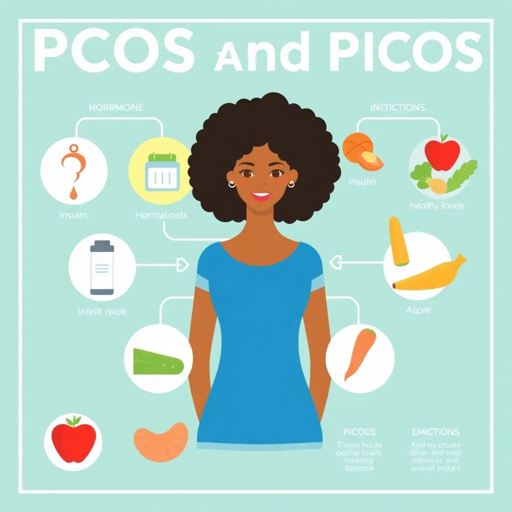 Infographic showing the relationship between PCOS, hormonal balance, and healthy dietary choices.
