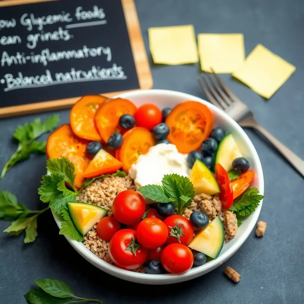 A PCOS-friendly lunch plate with whole grains, lean proteins, and colorful vegetables alongside a visual list of nutritional strategies.
