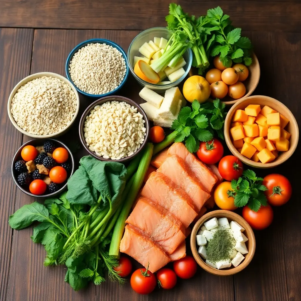 A vibrant assortment of whole grains, lean proteins, fresh vegetables, fruits, and herbs arranged on a rustic table.
