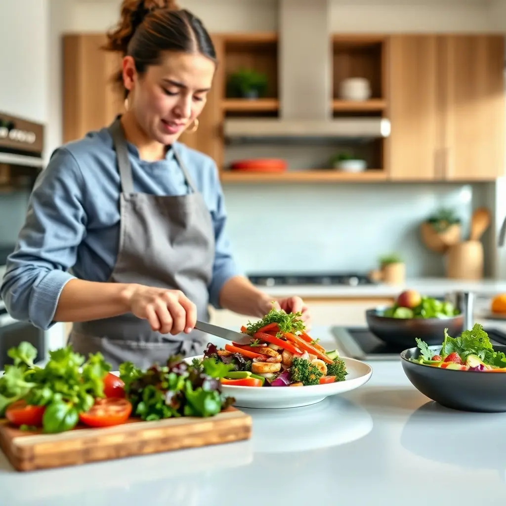 A home cook in a modern kitchen preparing a creative PCOS-friendly lunch with vibrant, fresh ingredients.
