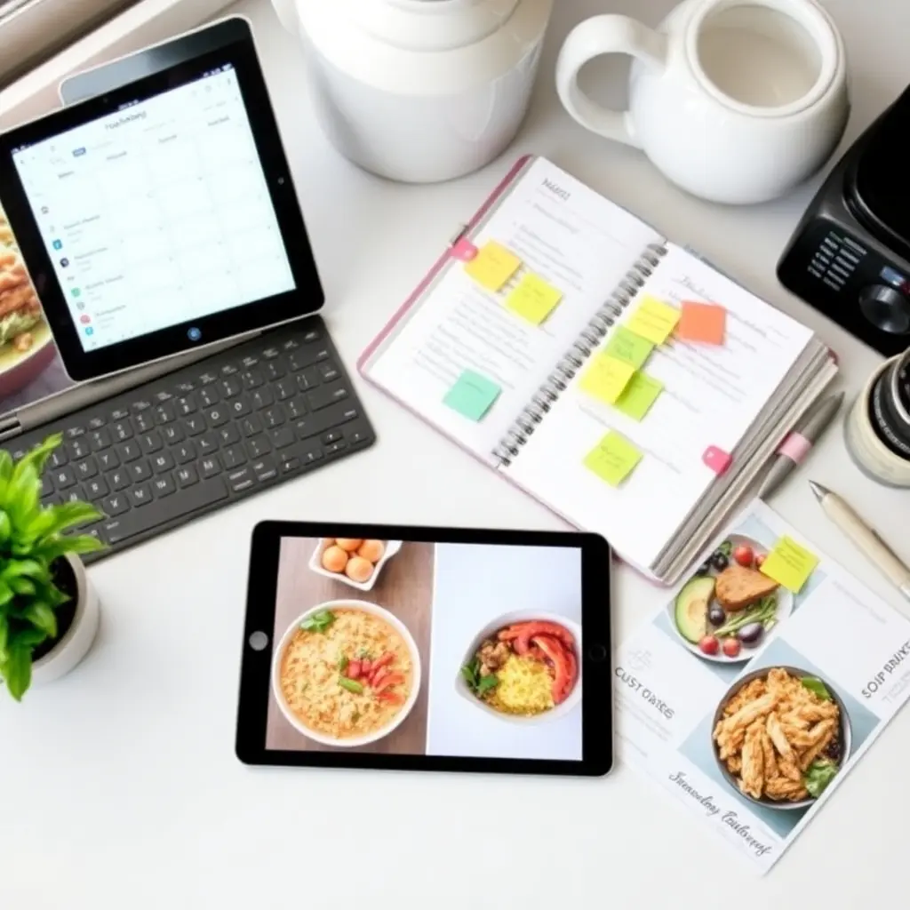 A person organizing a PCOS lunch plan on a tablet with a planner, sticky notes, and healthy meal photos on a desk.
