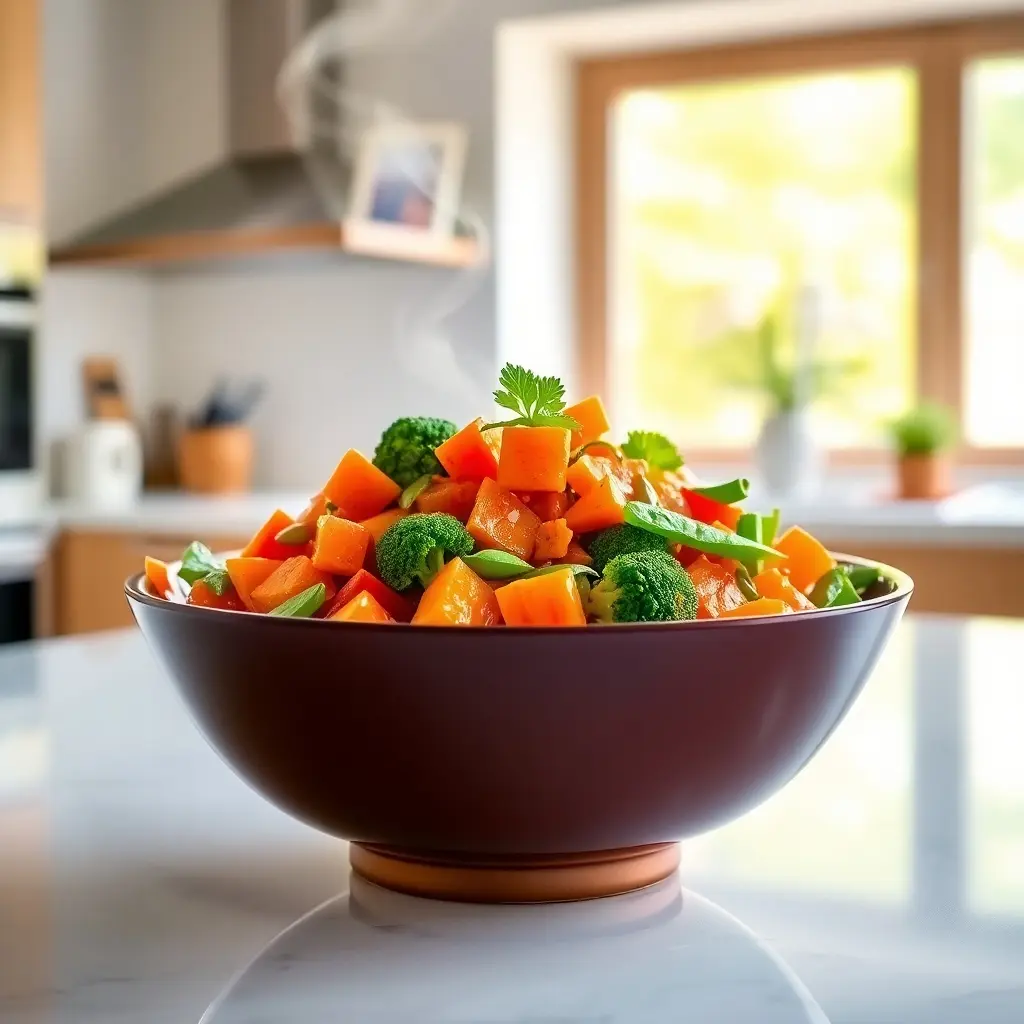 Bowl of colorful stir-fry with frozen diced carrots, broccoli, bell peppers, and snap peas on a modern kitchen countertop.