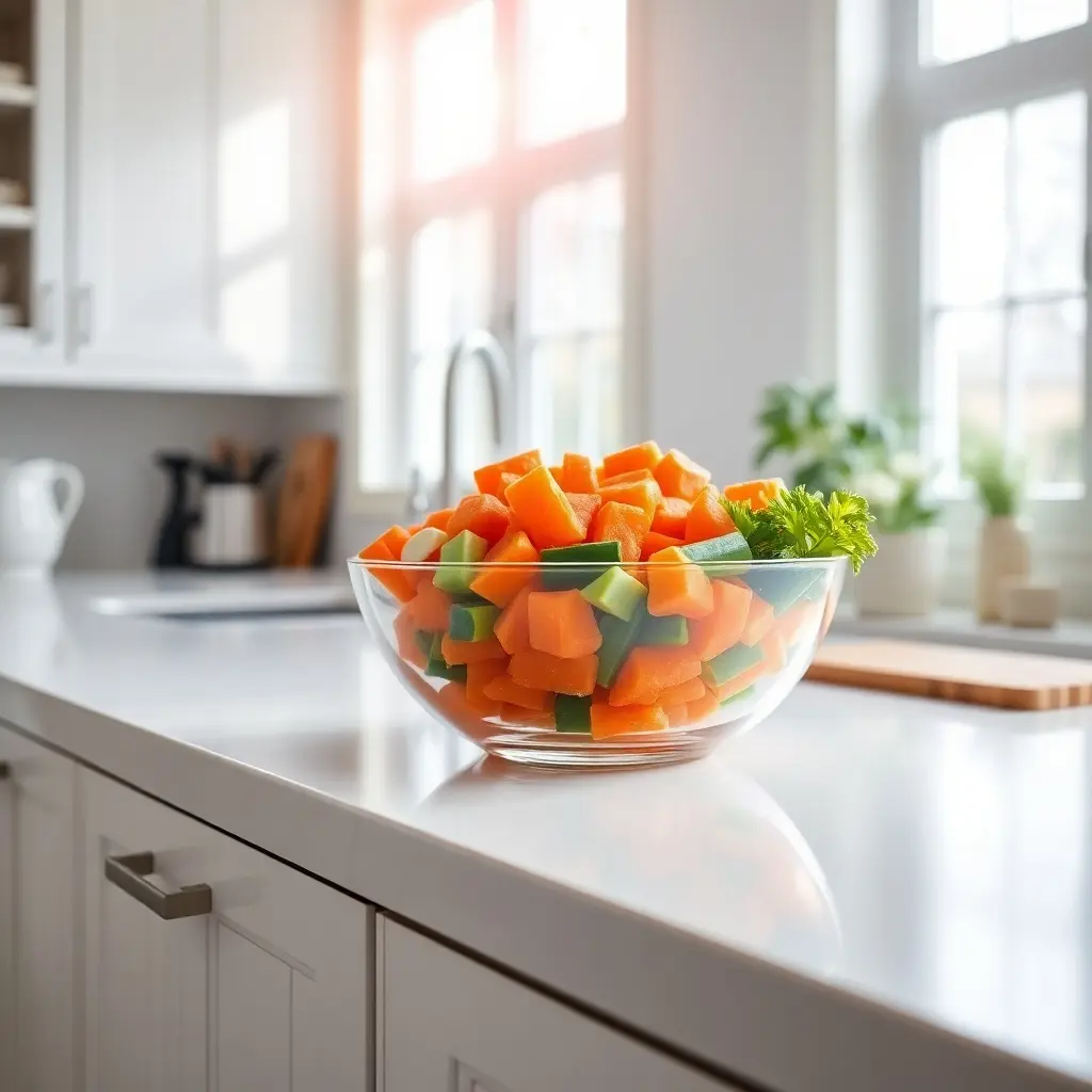 Modern kitchen with a bowl of assorted vegetables including frozen diced carrots on a clean countertop