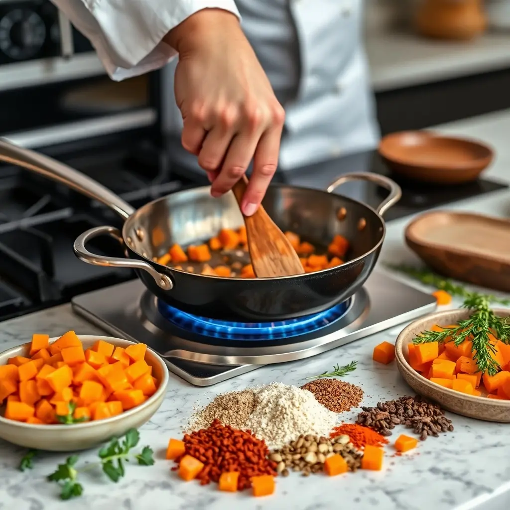 Chef stirring a sizzling pan with frozen diced carrots and spices in a modern kitchen.