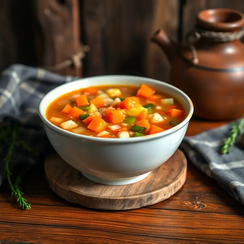 Bowl of hearty vegetable soup with frozen diced carrots, celery, and onions on a rustic wooden table