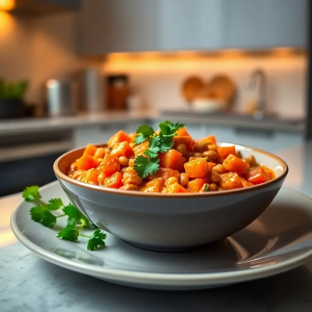 Bowl of carrot lentil curry with frozen diced carrots, lentils, and a fresh cilantro garnish in a modern kitchen.