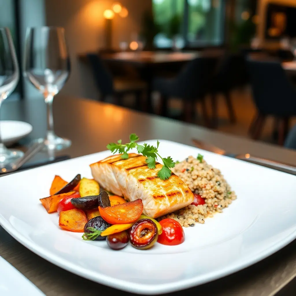 Elegant gluten-free gourmet dinner plate featuring grilled salmon, roasted vegetables, and quinoa salad on a stylish table.