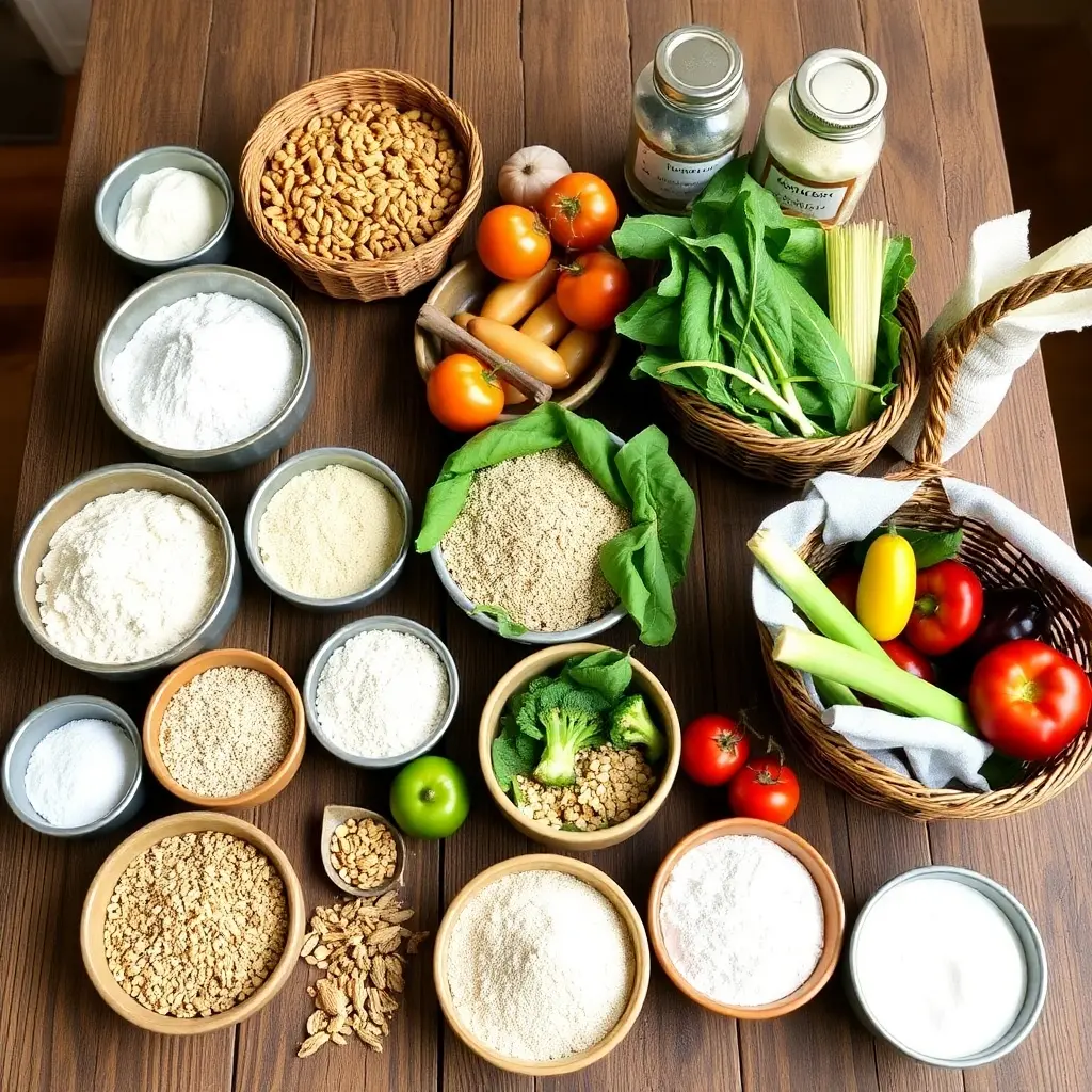 Assortment of gluten-free flours, organic produce, and certified gluten-free ingredients arranged on a rustic table.

