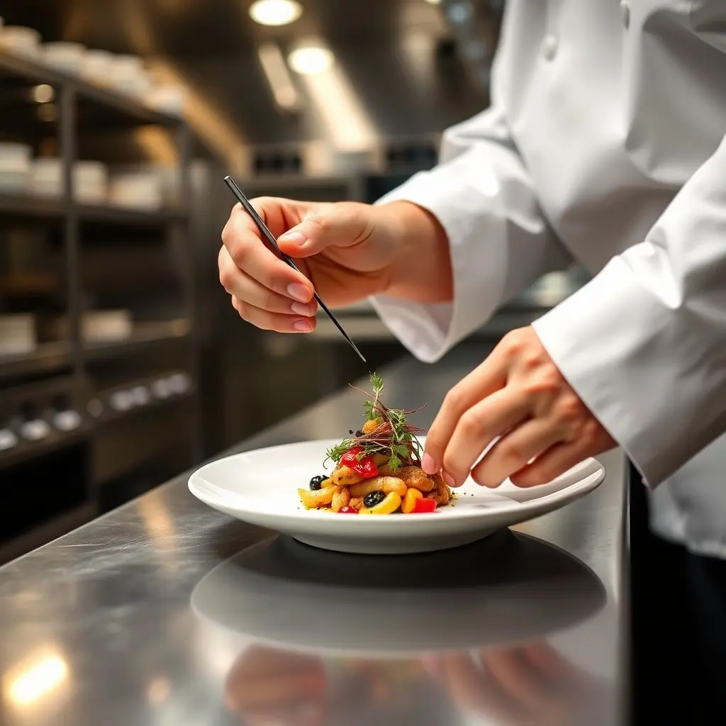 Chef’s hands plating a gluten-free dish with precision and creative flair in a professional kitchen.