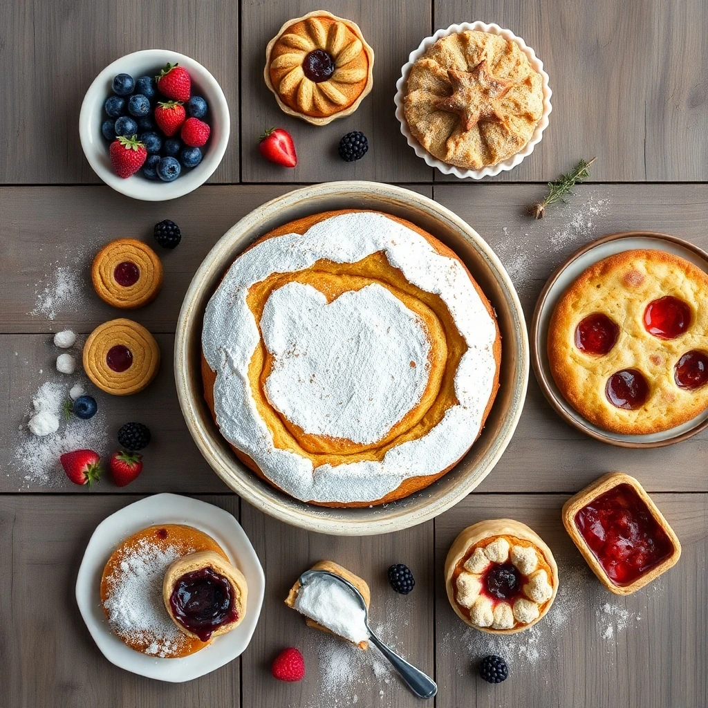 A flat-lay of innovative sourdough desserts featuring a rustic starter, tangy cake, cookies, tarts, and pastries arranged with fresh ingredients on a wooden table.