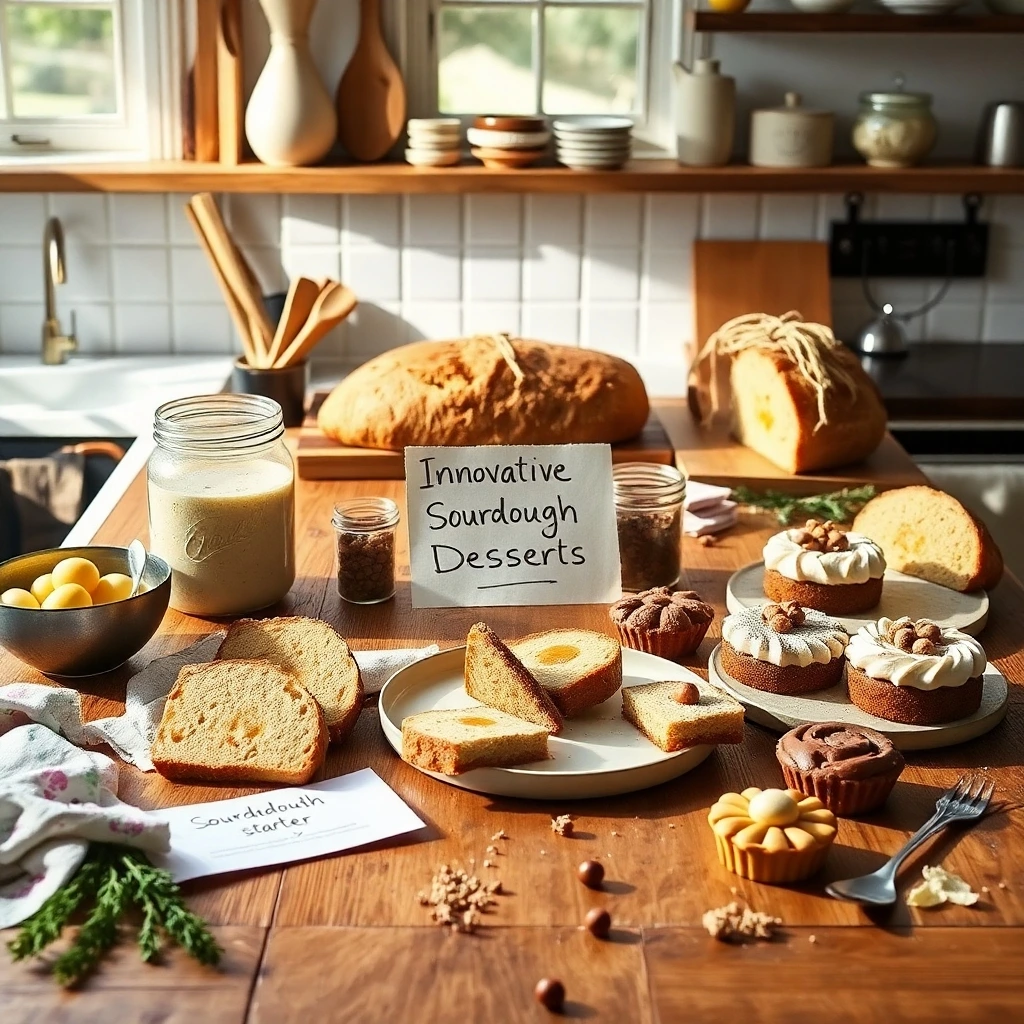 Rustic kitchen counter with a sourdough starter, artisanal bread, and assorted desserts, evoking innovative sourdough baking.

