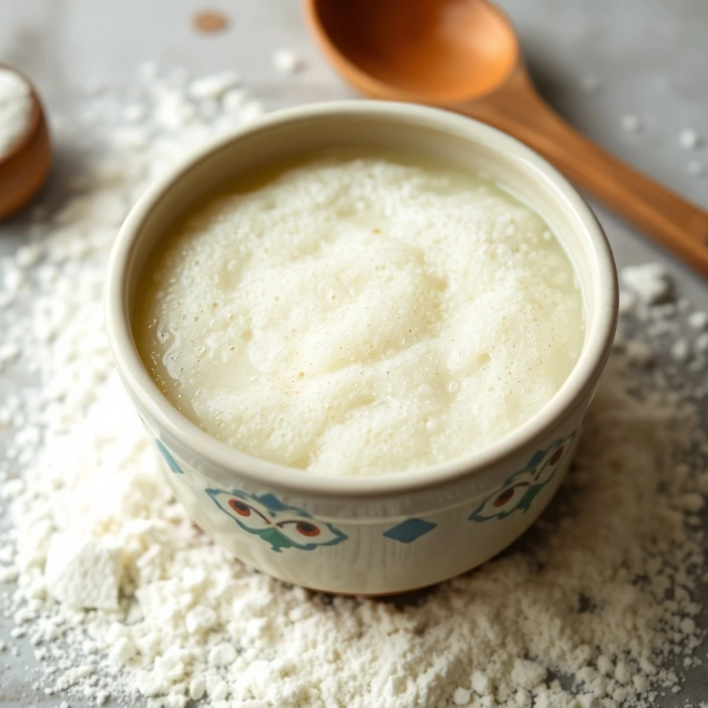 Close-up of a bubbling sourdough starter in a ceramic bowl with flour, showcasing natural fermentation.

