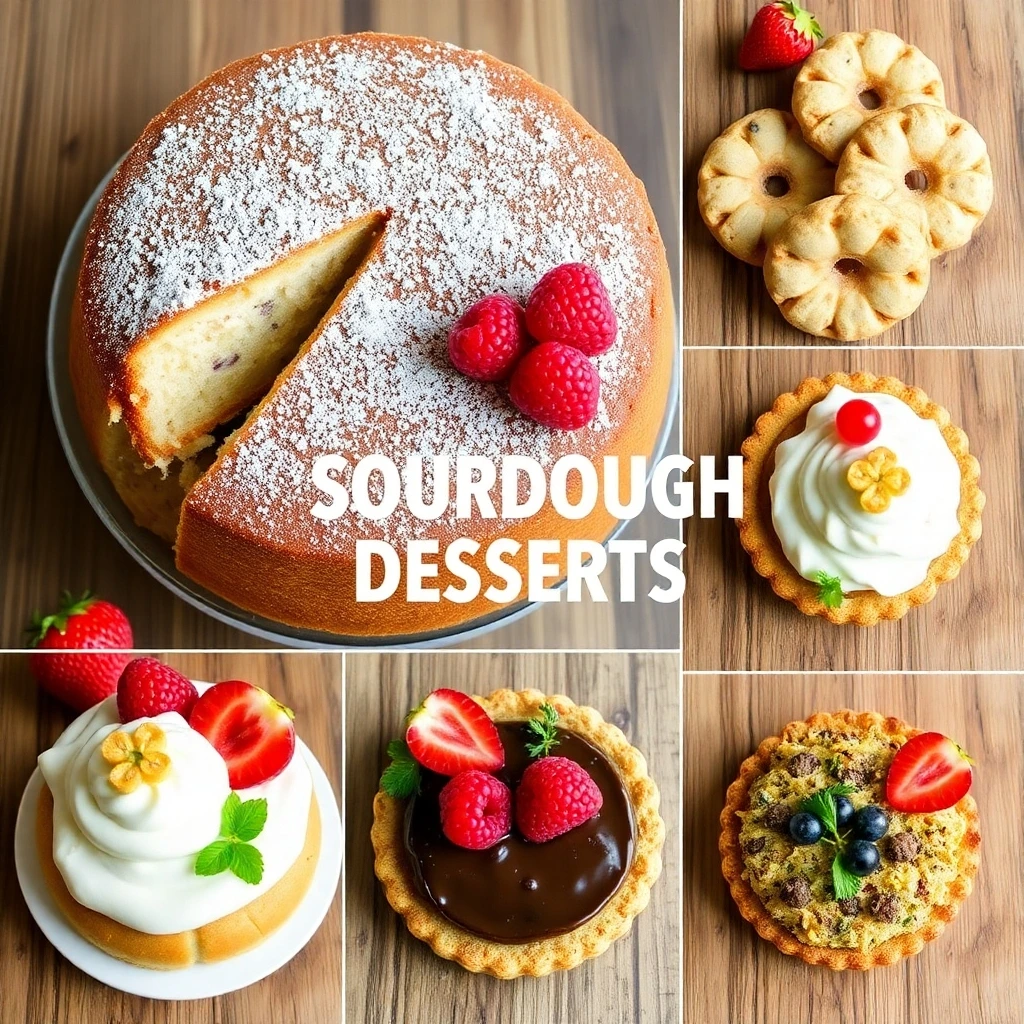 A collage of innovative sourdough desserts including cake, cookies, tarts, and pastries, highlighting creative flavor combinations.

