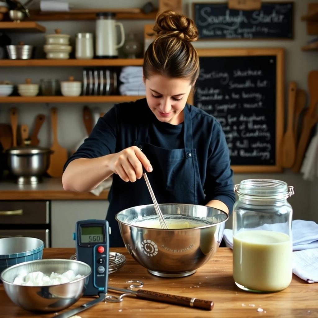 A baker in a cozy kitchen carefully mixing sourdough dessert batter, surrounded by essential baking tools and tips.

