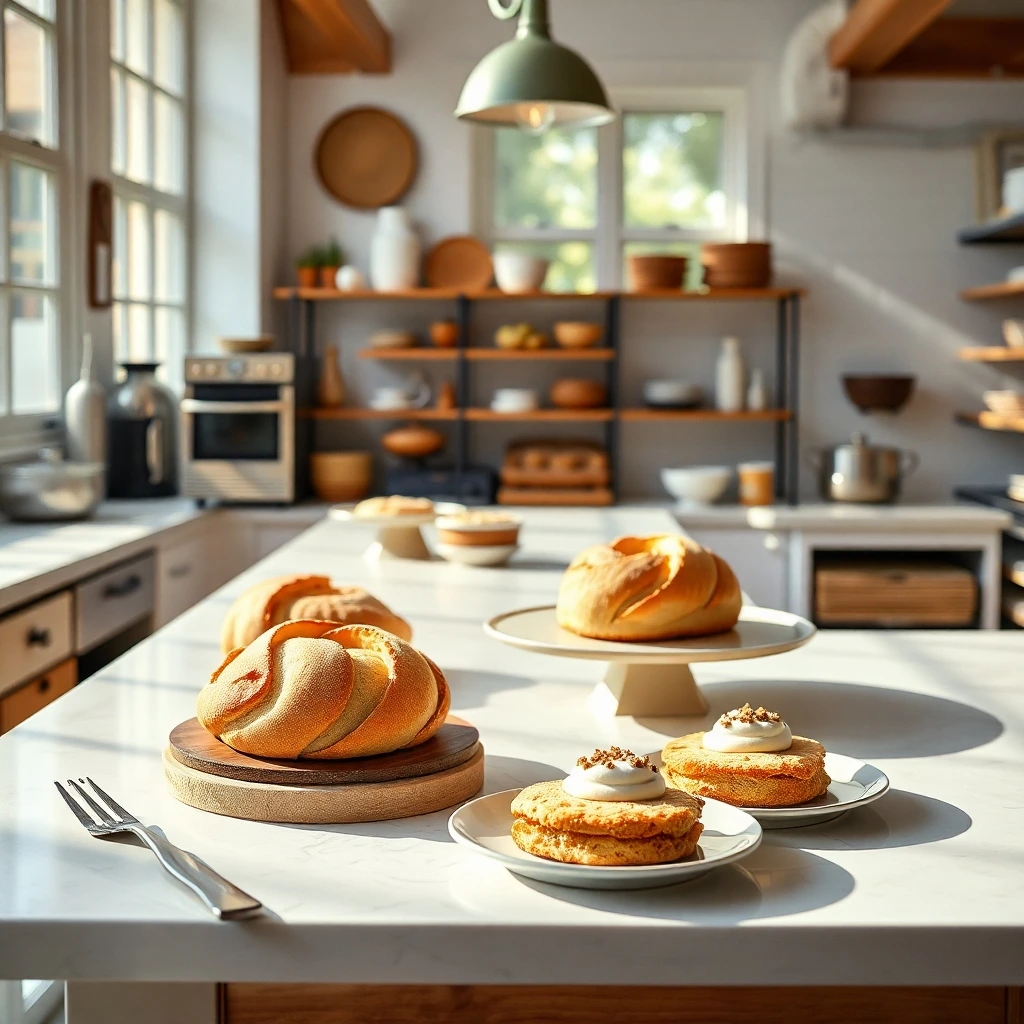 A modern bakery display featuring innovative sourdough desserts, blending classic fermentation with contemporary presentation.

