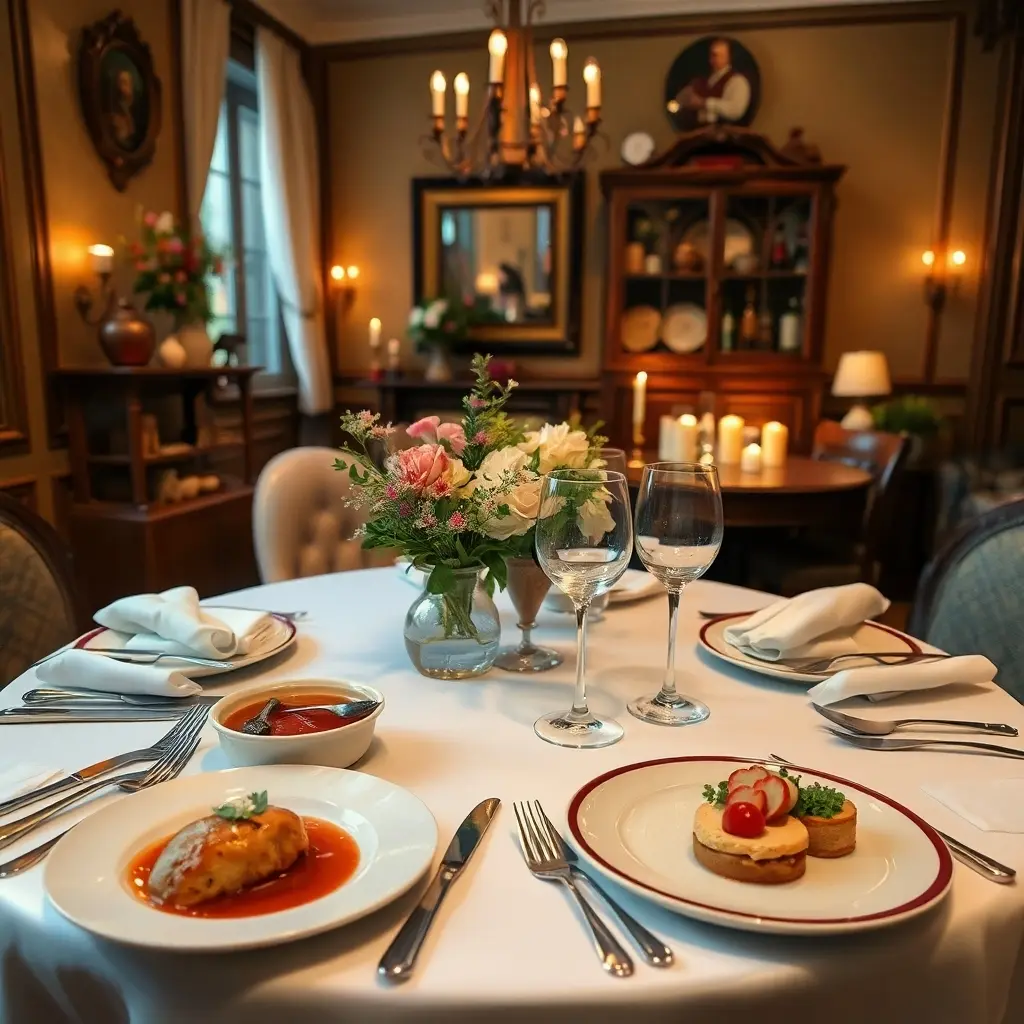 Elegant French dinner table set in a cozy bistro with classic dishes, wine, and rustic decor.