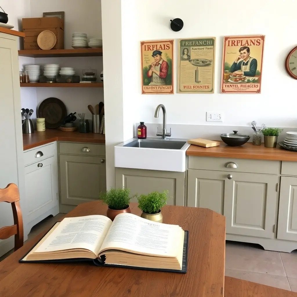 Charming French kitchen with vintage decor, fresh herbs, and French cookbooks