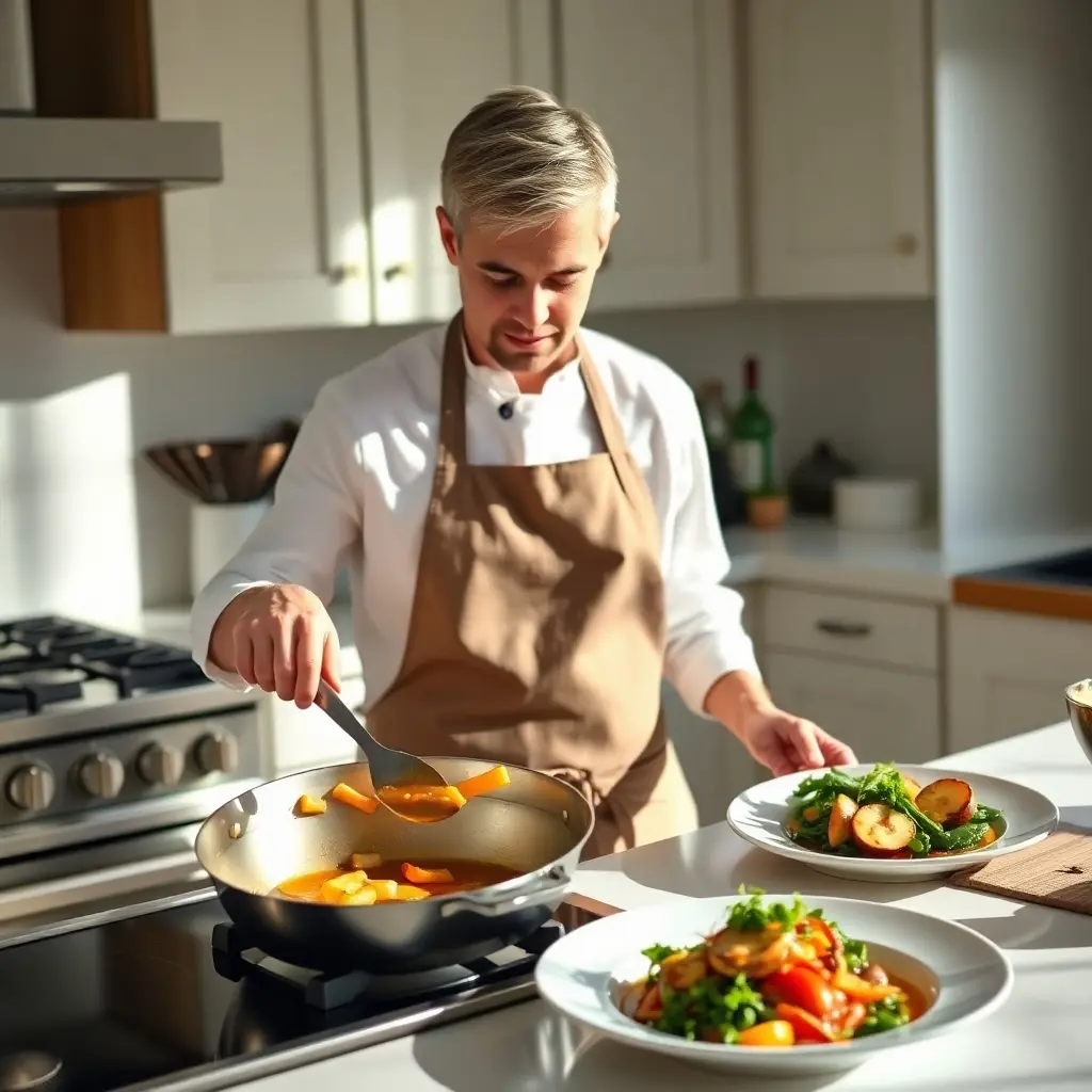 Home cook demonstrating basic French cooking techniques in a modern kitchen.