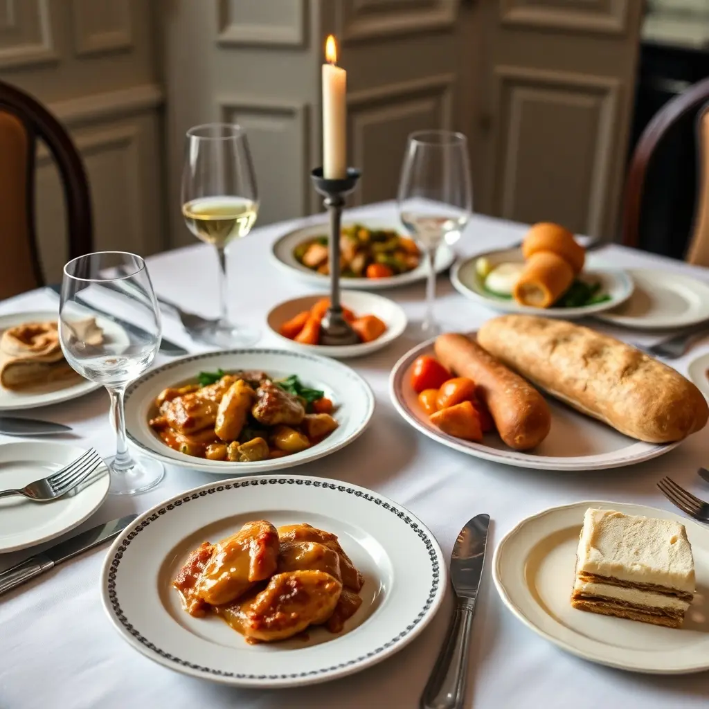 Elegant dining table displaying a variety of classic French dinner dishes.