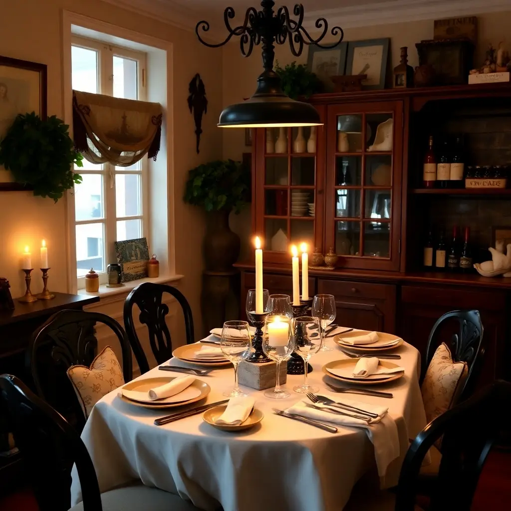 Cozy French dining atmosphere with elegant table setting and warm candlelight.