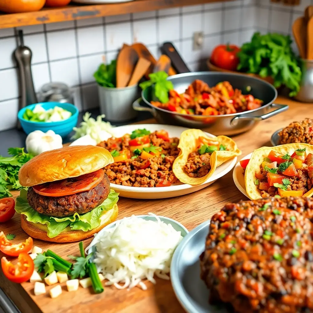 A vibrant display of beginner-friendly ground beef dishes, including a hamburger patty, skillet meal, tacos, and meatloaf, set on a rustic counter with fresh vegetables and herbs.