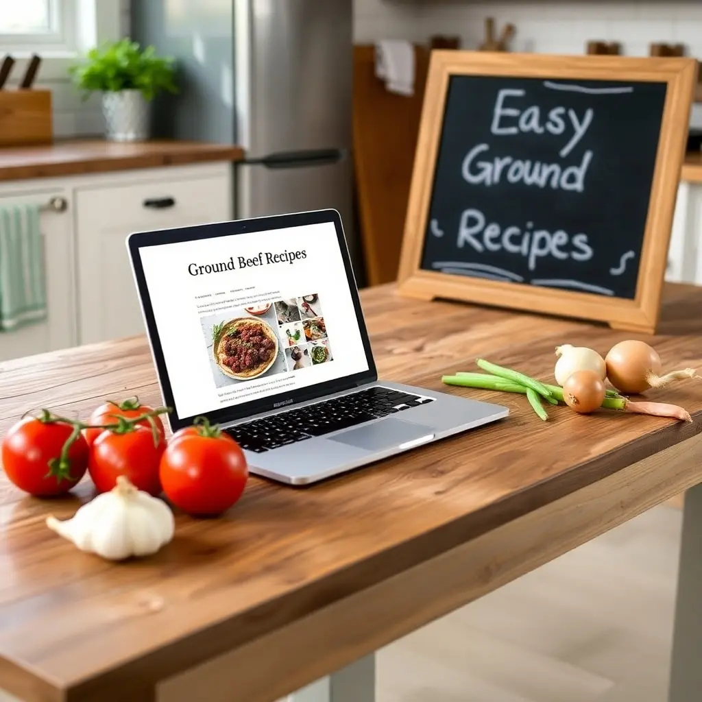 A cozy kitchen setup with a laptop open to a blog post on easy ground beef recipes and fresh ingredients on display.

