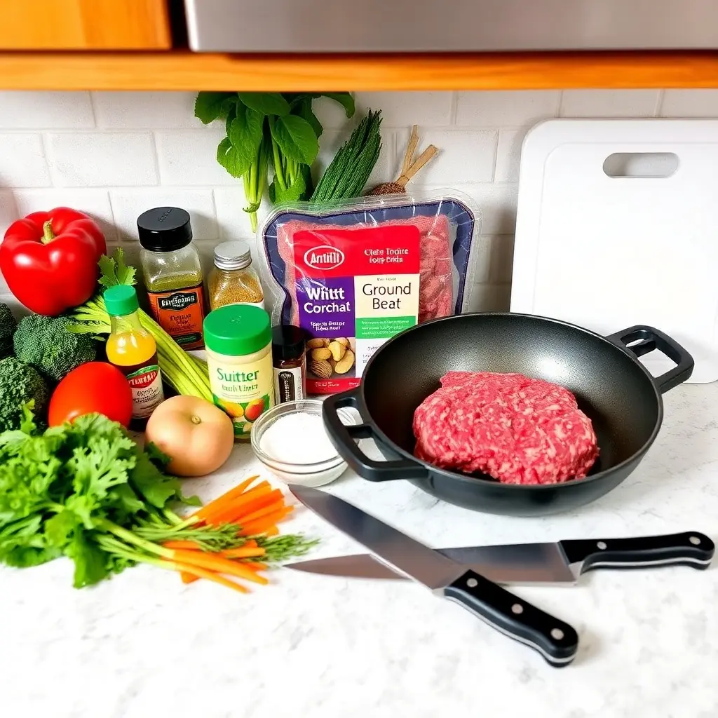 A variety of essential ingredients and kitchen tools arranged on a kitchen counter.

