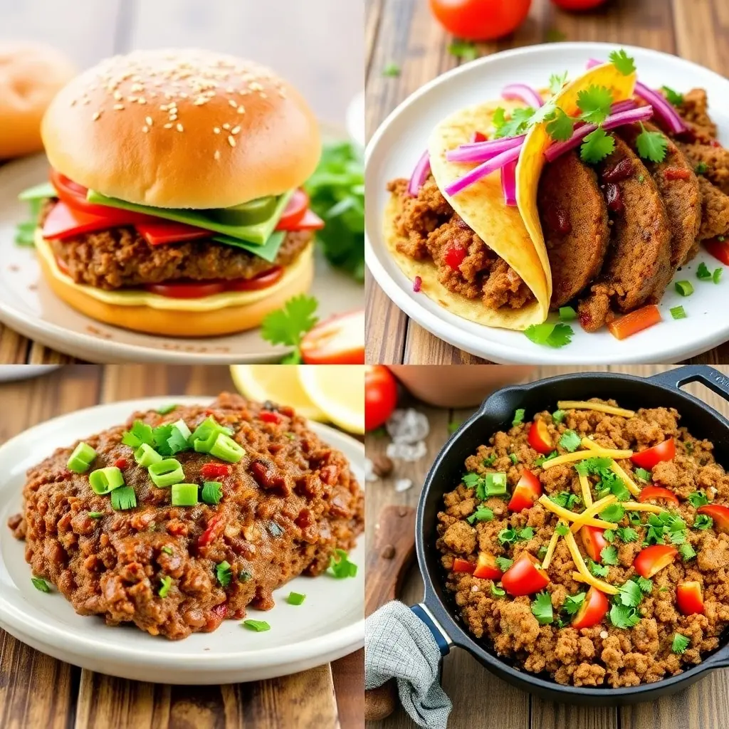 A vibrant collage showcasing 10 different ground beef recipes including hamburgers, tacos, meatloaf, and skillet meals.

