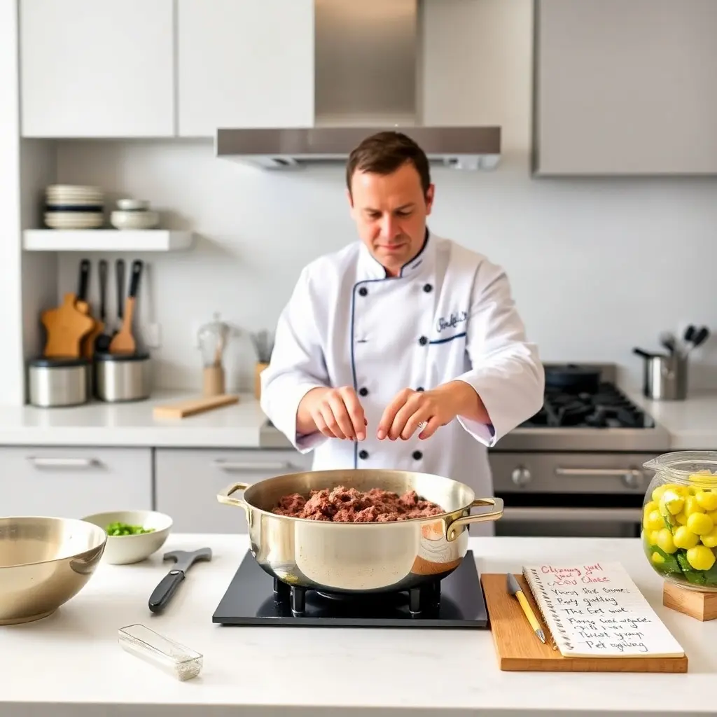 A chef in a modern kitchen demonstrating expert ground beef cooking techniques.

