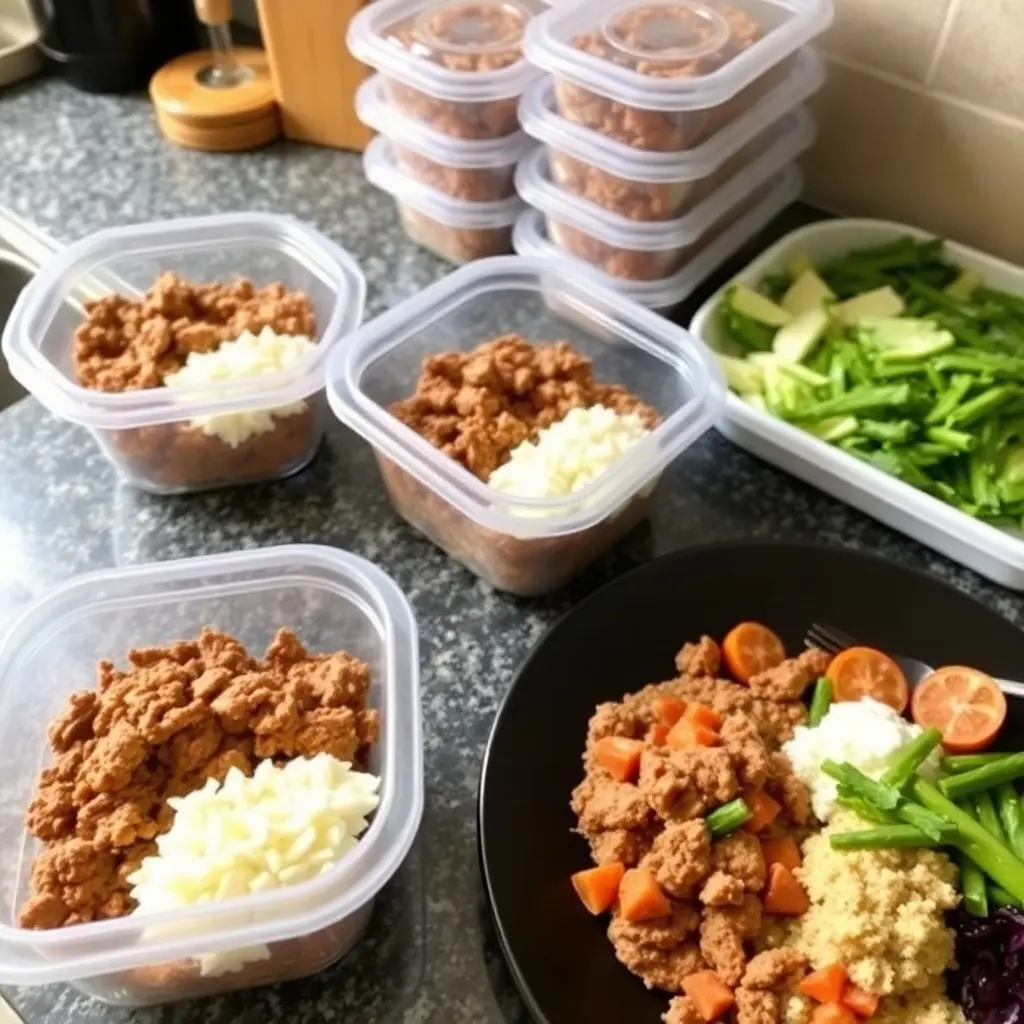 A clean meal prep scene with neatly arranged ground beef dishes and a plated meal with thoughtful side pairings.

