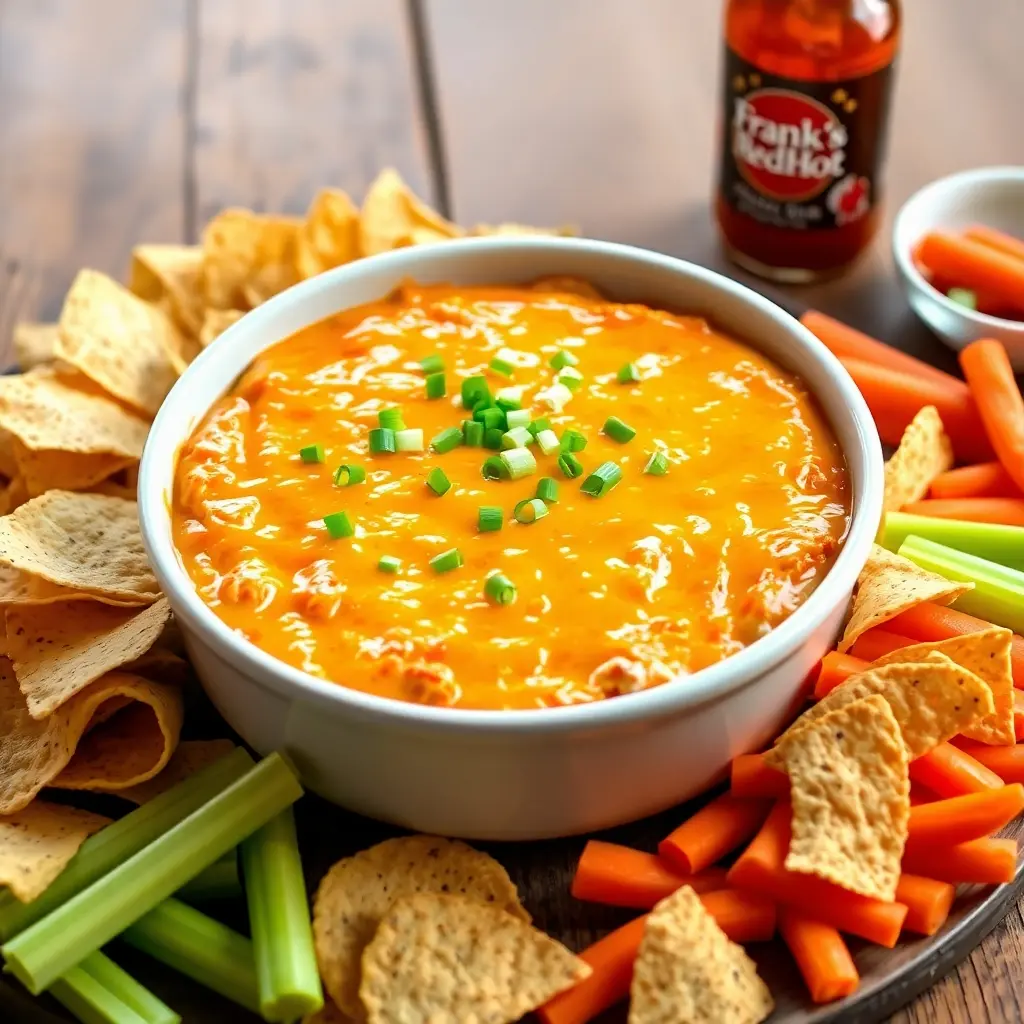 Buffalo Chicken Dip with melted cheese, served with tortilla chips, celery, and carrots on a wooden table, with Frank’s RedHot sauce nearby.