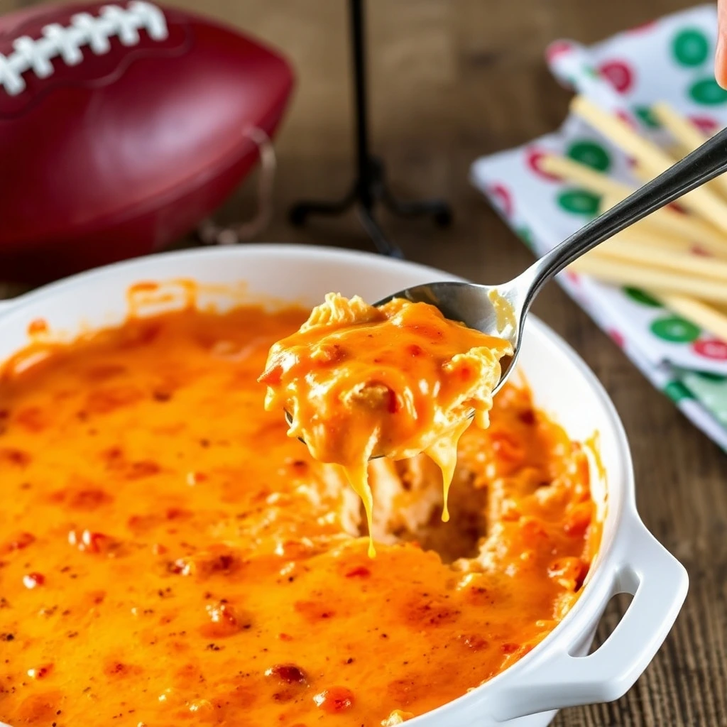 A cheesy Buffalo Chicken Dip being scooped from a baking dish, with steam rising, set on a wooden table with party decor.