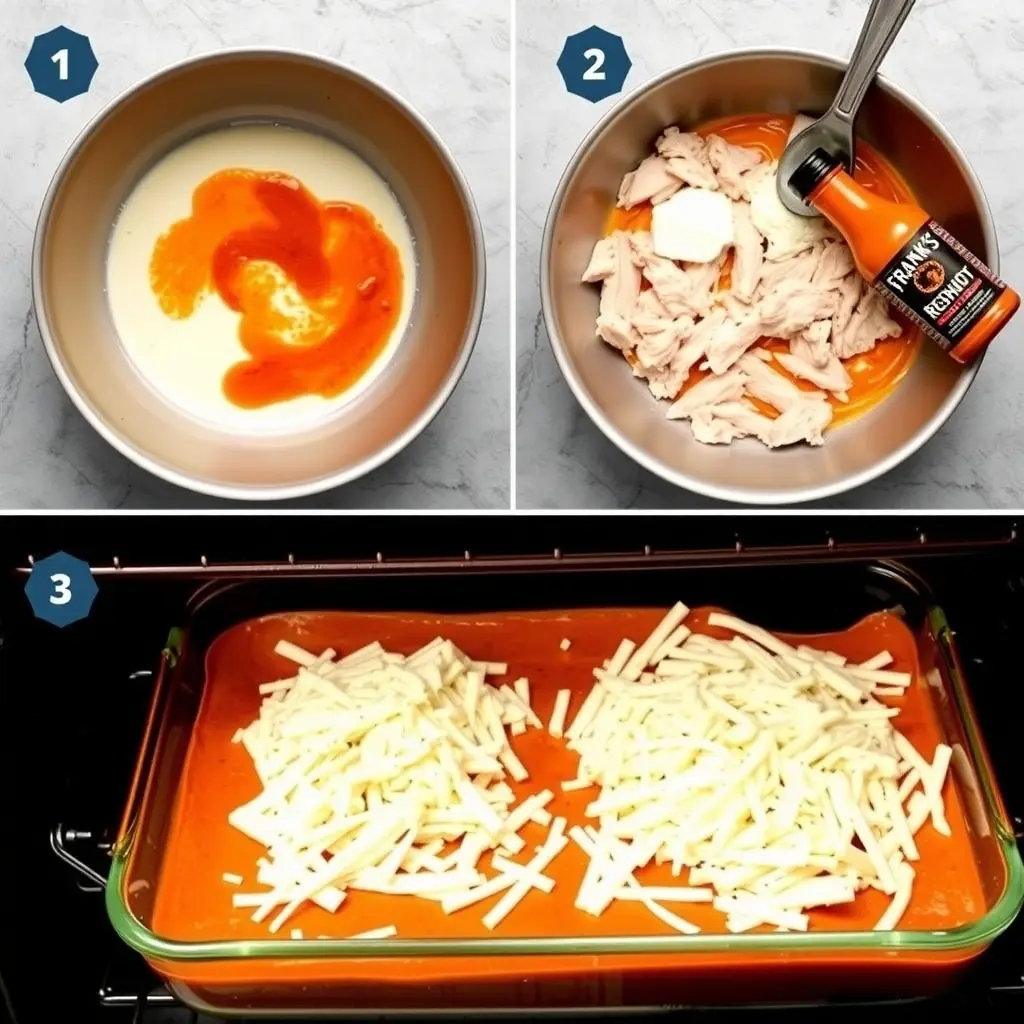 Step-by-step process of making Buffalo Chicken Dip, mixing ingredients, and preparing it for baking.