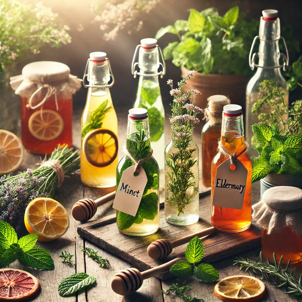 A rustic wooden table with an assortment of herbal cordial bottles, fresh herbs, and spices